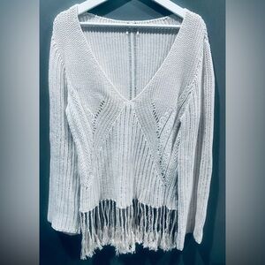 Beige Deep V Neck Knit Top with fringe Size M